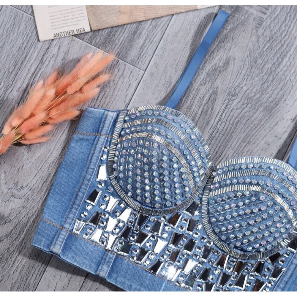Women's Beaded Shaped Camisole Fashion Lingerie Stage Hot Diamond Denim Corset - Picture 5 of 12